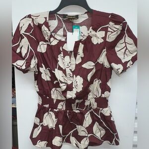 Sugarlips Brown Floral Smocked Waist Desirae Peplum Top V Neck Sz Large NWT